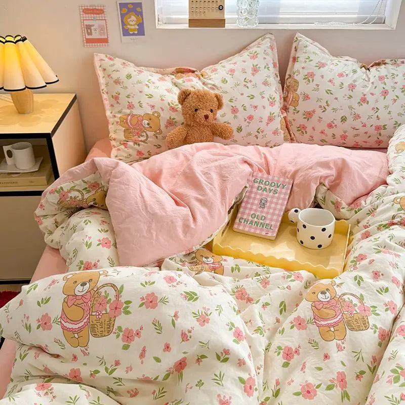 Kawaii Duvet Cover Set Ins Style Soft Touch Double Queen Size Flat Sheet Pillowcase Home Hotel Decor Bedding Set