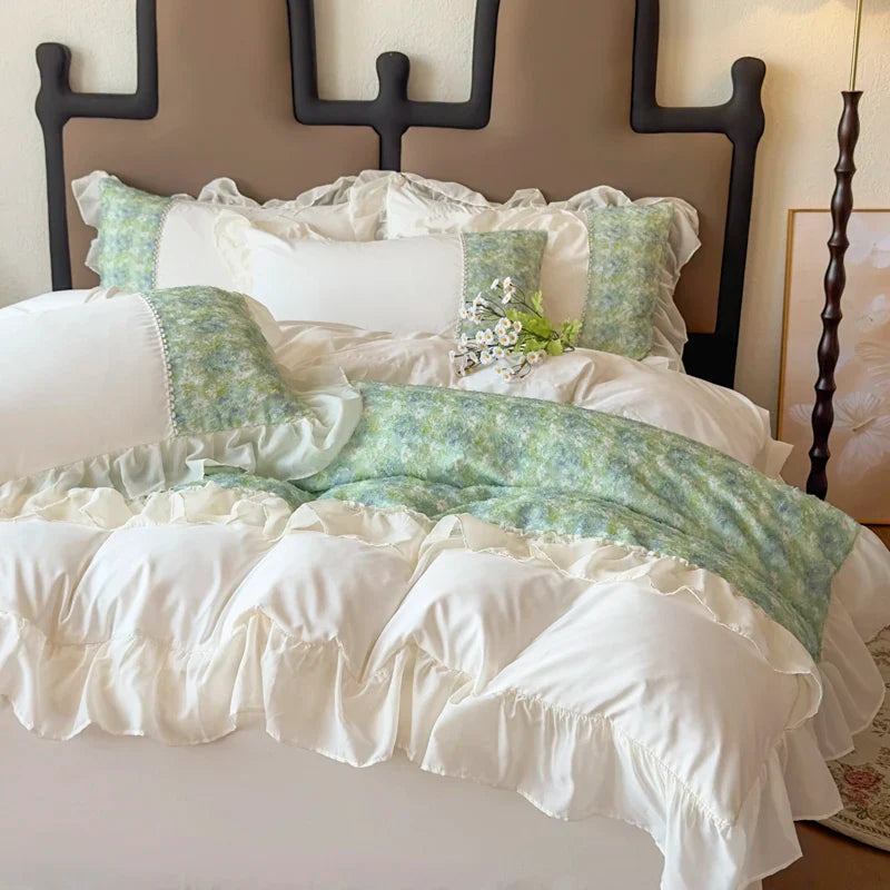 3/4Pcs Korean Princess Style Luxury Haute Couture Chiffon Lace Ruffle Queen/King Size Quilt Cover Bed Skirt Double Bedspreads