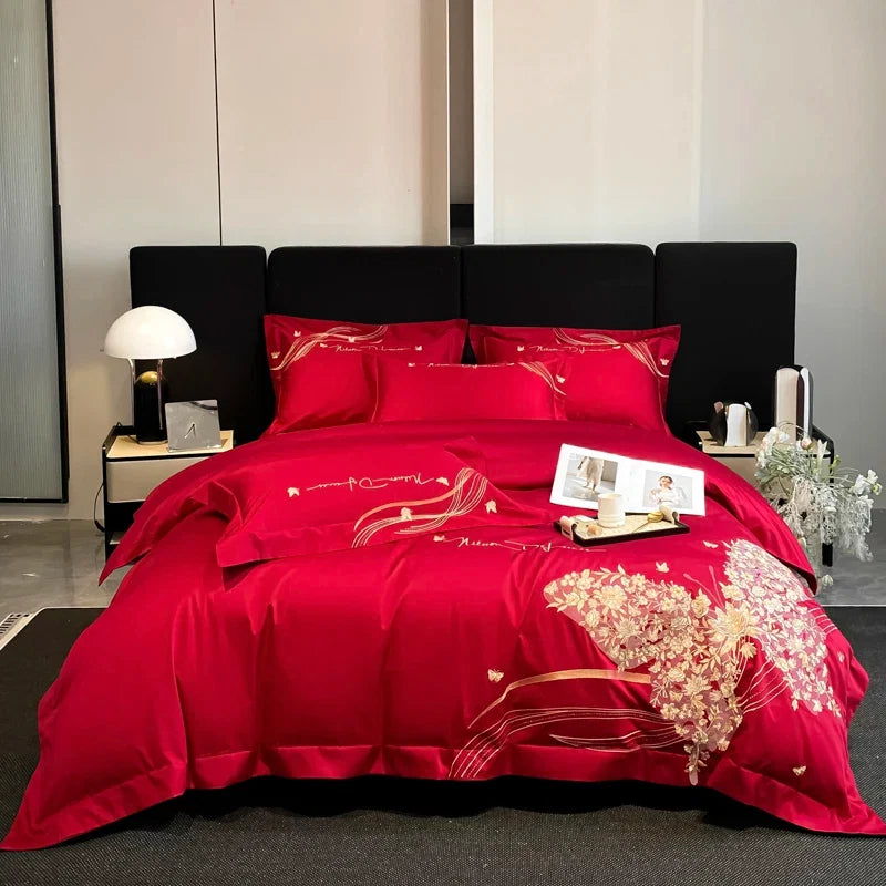 100% Cotton Chic Butterfly Flowers Embroidery Luxury Bedding Set