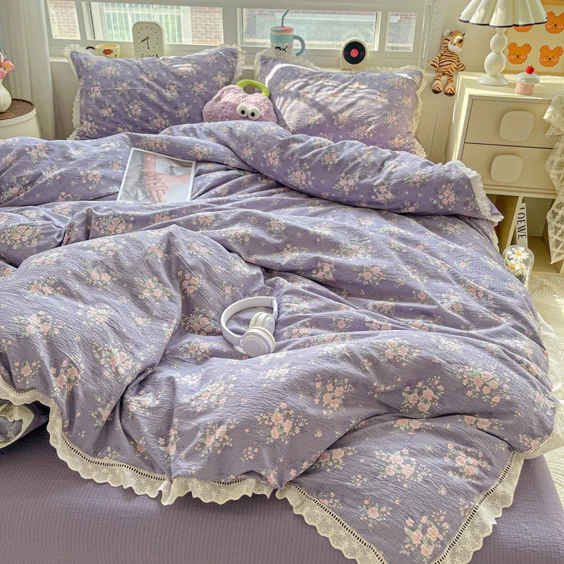 4pcs Floral Printed Duvet Cover Set Korean Lace Bedding Set