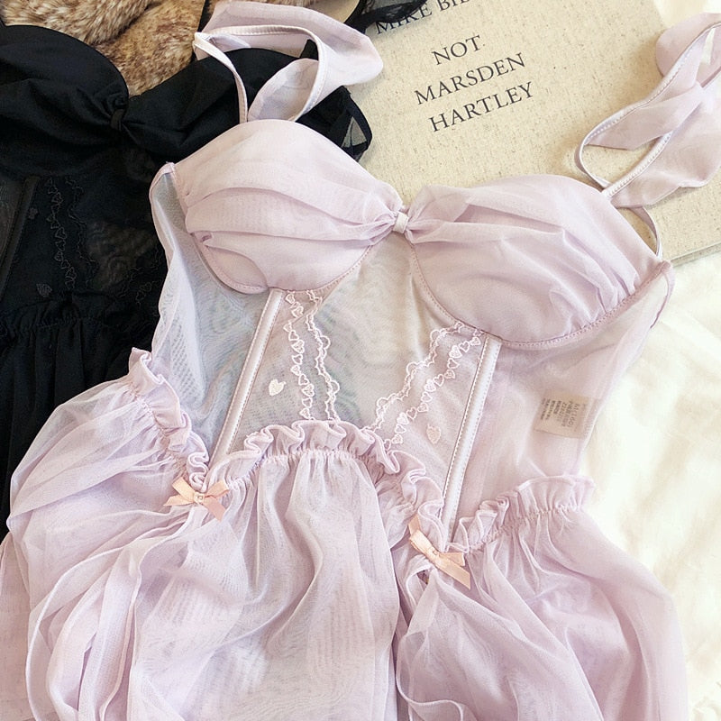 2-teiliges Nachthemd-Dessous-Set in Rosa/Schwarz