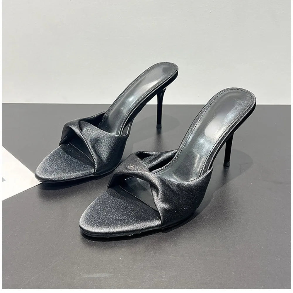 White Pointed Satin Stiletto Slippers for Women Open-toe Single-strap High-Heel