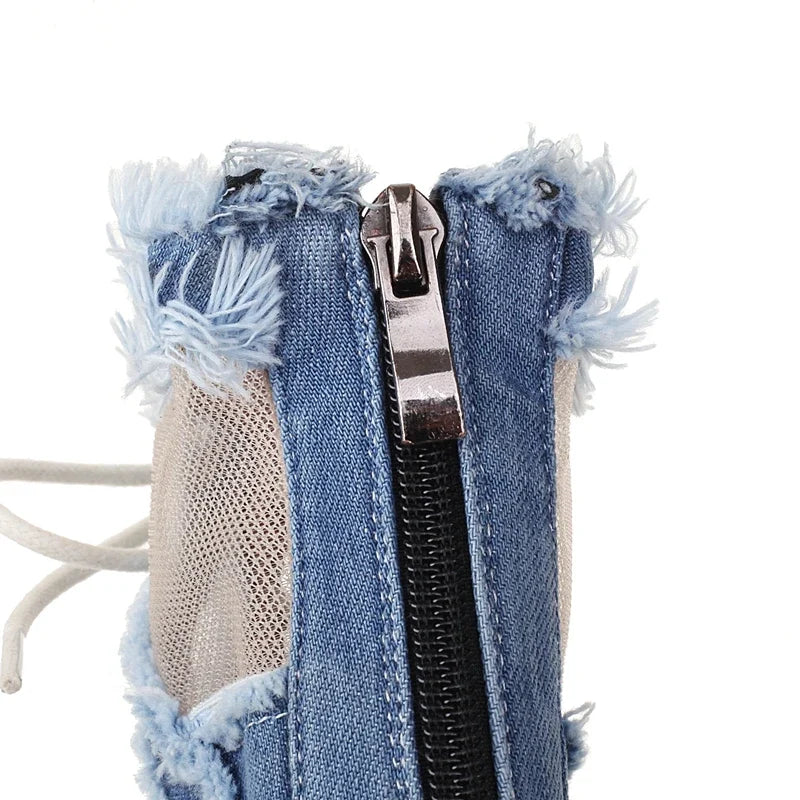 European and American Denim Mesh Lace Lace Lace High Heel