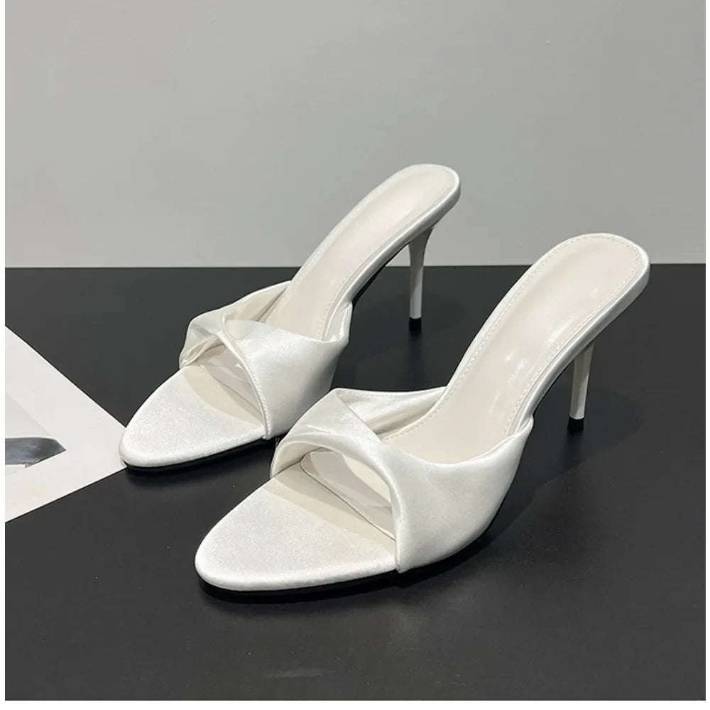 White Pointed Satin Stiletto Slippers for Women Open-toe Single-strap High-Heel