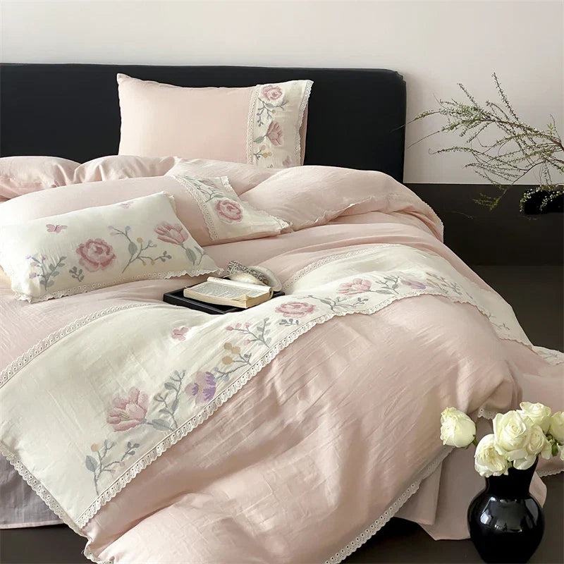 Pink Flowers Embroidery Lace Bedding Set