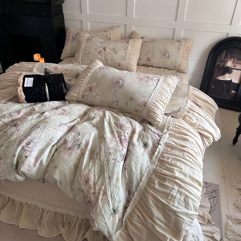 Flowers Prints Pleated Ruffles Princess Bedding Set