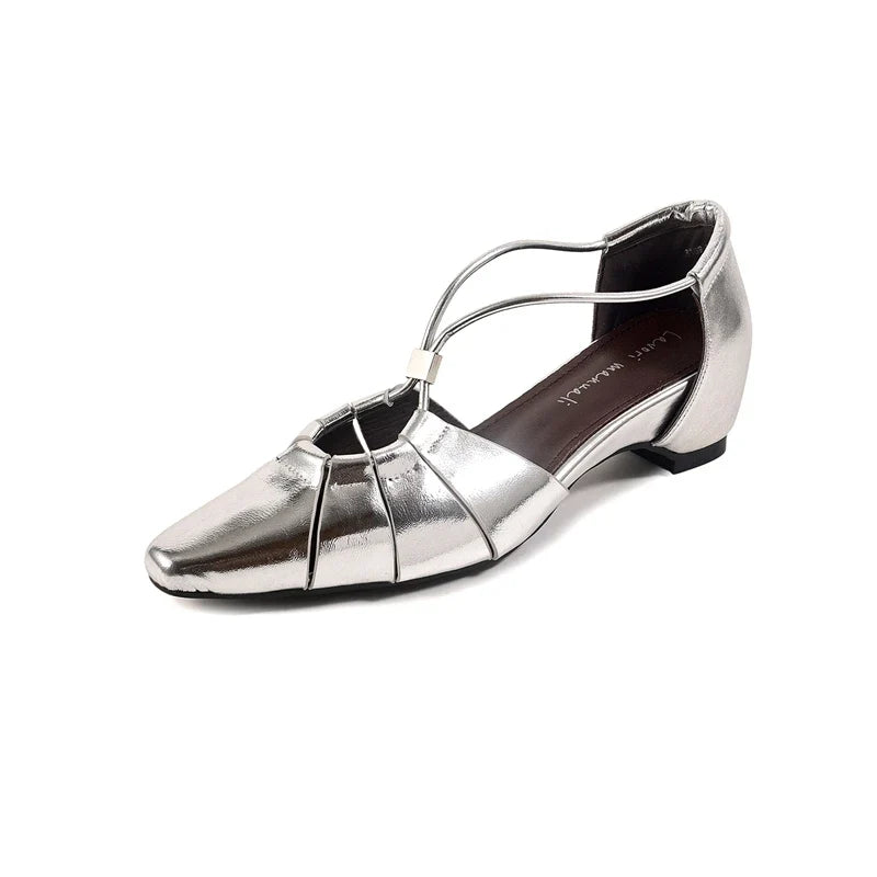 leather square toe high-heeled hollow breathable elastic band with toe cover Shoes
