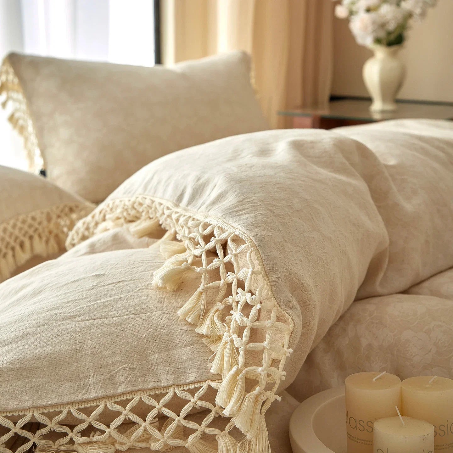 20% Linen and 80% Cotton Flowers Jacquard With Fringe Bedding Set