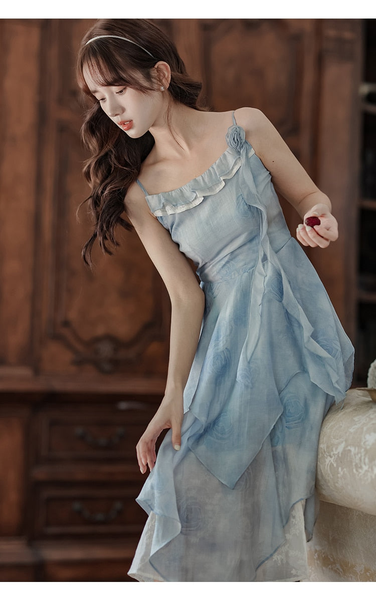Blue Rose Layered Cottagecore Dress