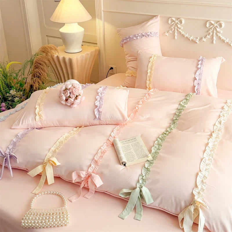 3/4Pcs Pink Ins-Style Princess Colorful Bow Bedding Set