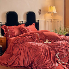 Vintage French Palace Style Pleated Lace Ruffles Bow Velvet Warm Bedding Set