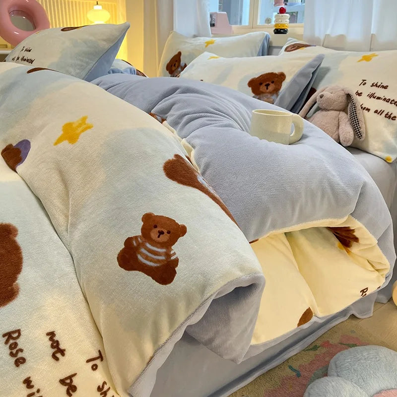 Cute Cartoon Winter Warm Quilt Cover Set Queen Bedding Set