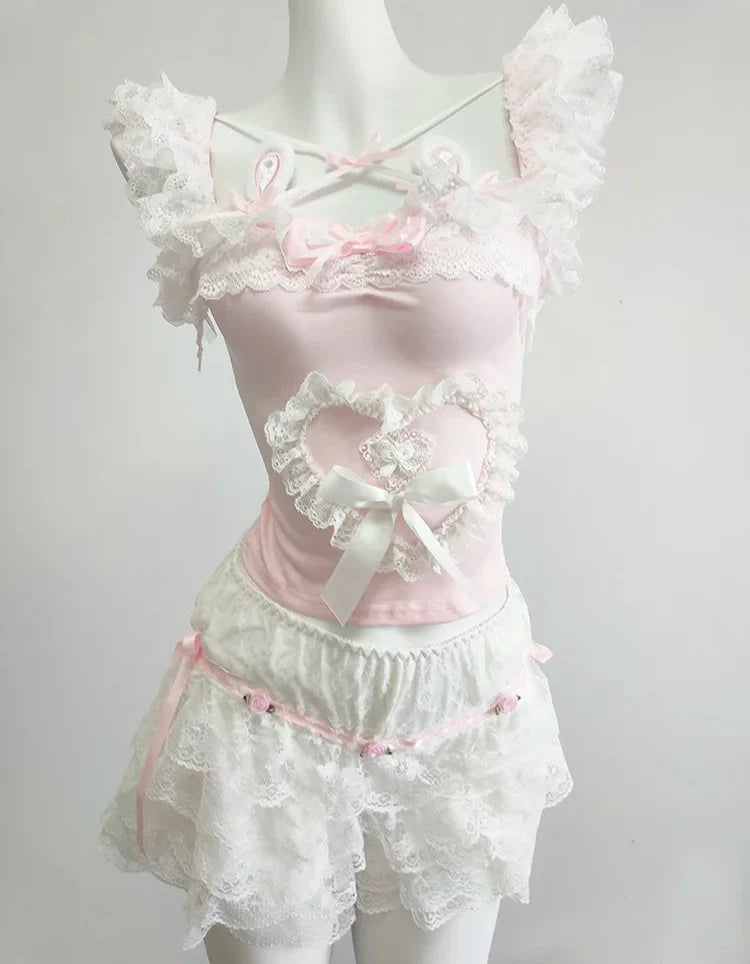 Wonder-hop Pink Coquette Bustier Top with Bunny Ears and Lace Ruffles