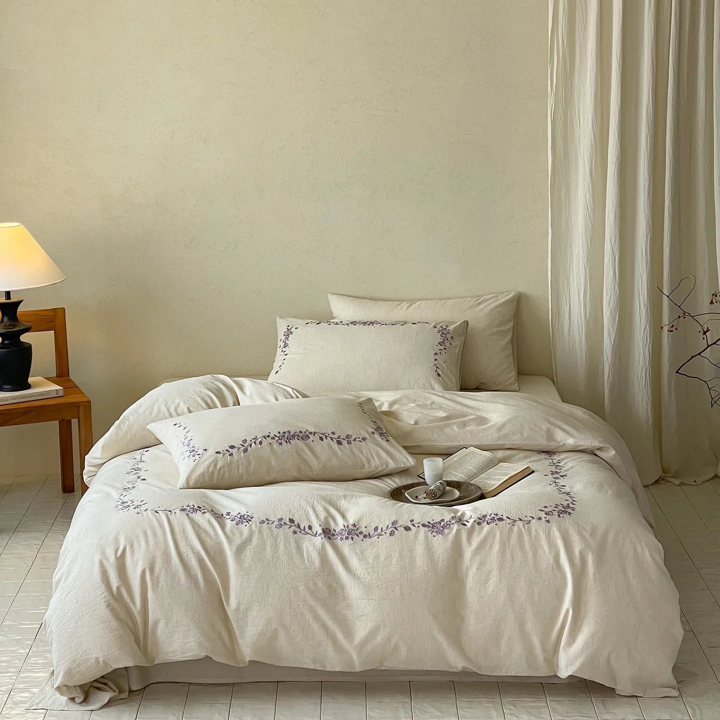 Natural Cotton Linen Blend Elegant Flowers Embroidery Luxury Bedding Set