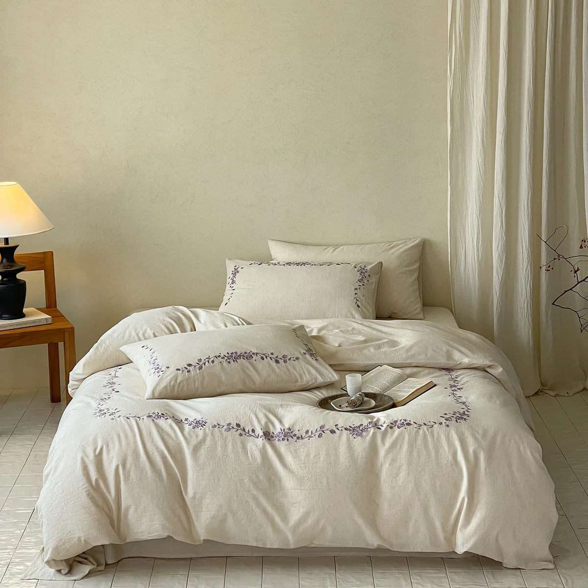 Natural Cotton Linen Blend Elegant Flowers Embroidery Luxury Bedding Set