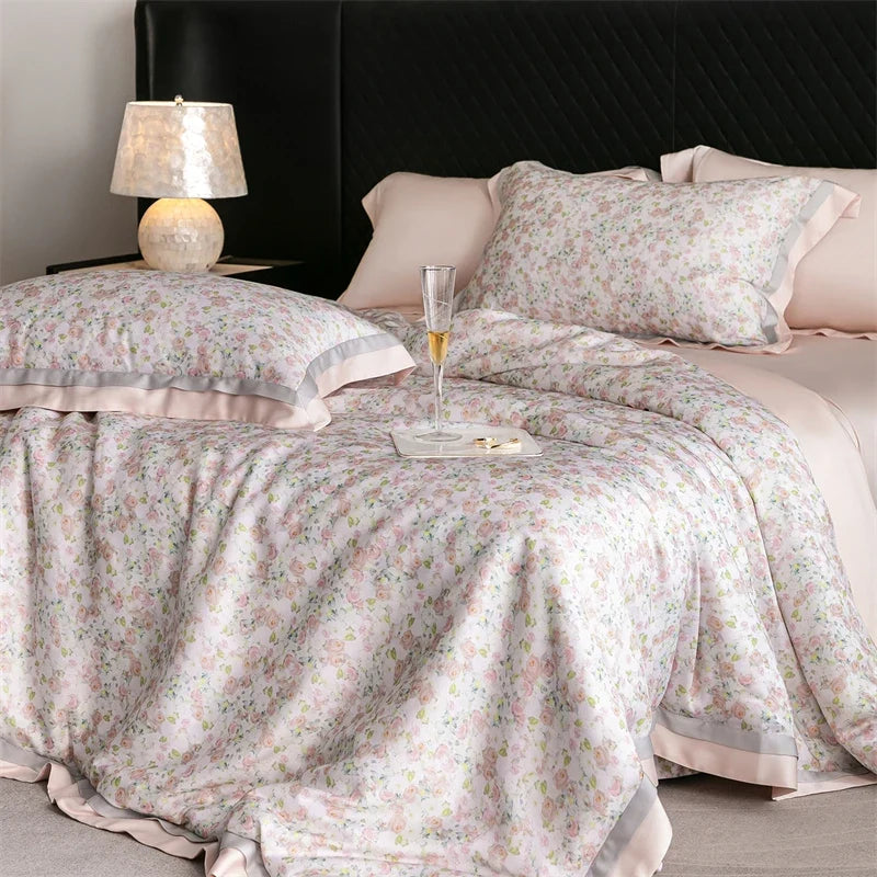 82% lyocell, 8% silk and 10% nylon soft silky flowers digital printing Bedding Set