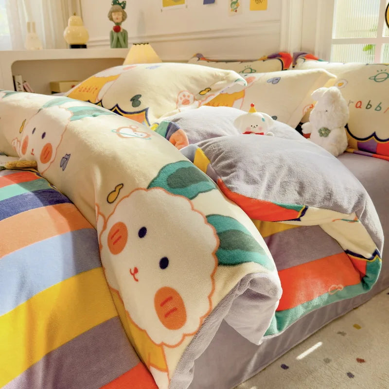Cartoon Print Milk Velvet Duvet Cover Set Sheet Pillowcase Winter Plush Comforter Cover Set Home Textile Queen King Bedding Set