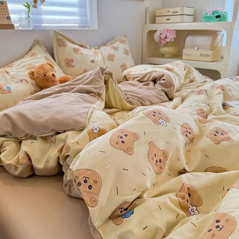 Kawaii Duvet Cover Set Ins Style Soft Touch Double Queen Size Flat Sheet Pillowcase Home Hotel Decor Bedding Set