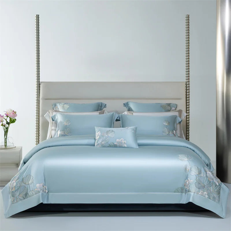 4Pcs Luxury Lotus Flowers Embroidery 1200TC Lyocell Cotton Soft Silky Bedding Set