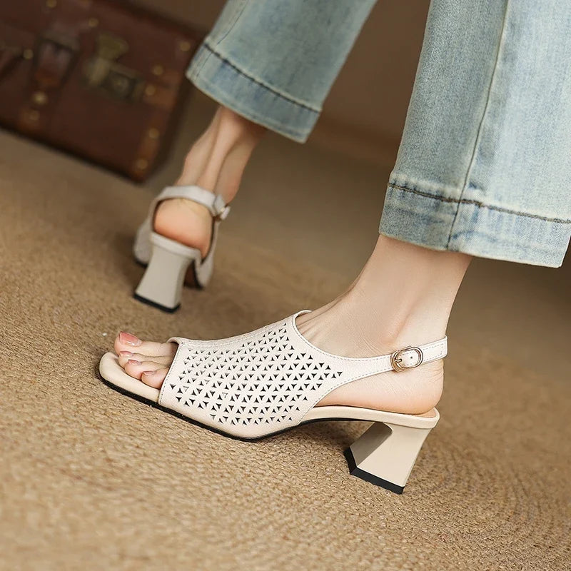 cowhide hollow out breathable open toe thick Heel