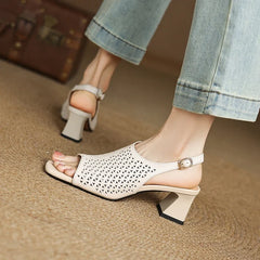 cowhide hollow out breathable open toe thick Heel