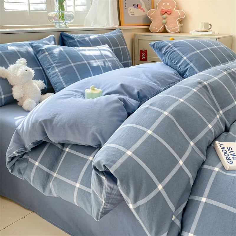 3/4 Pcs Blue Checkered Bedding Set