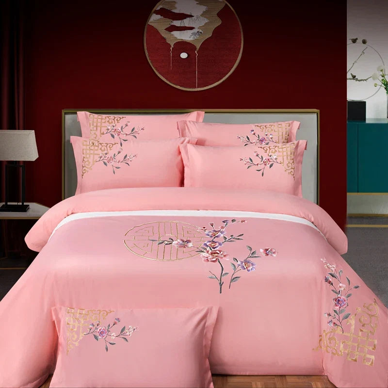 100% Cotton Luxury Oriental Golden Geometric Pattern Flowers Embroidery Bedding Set