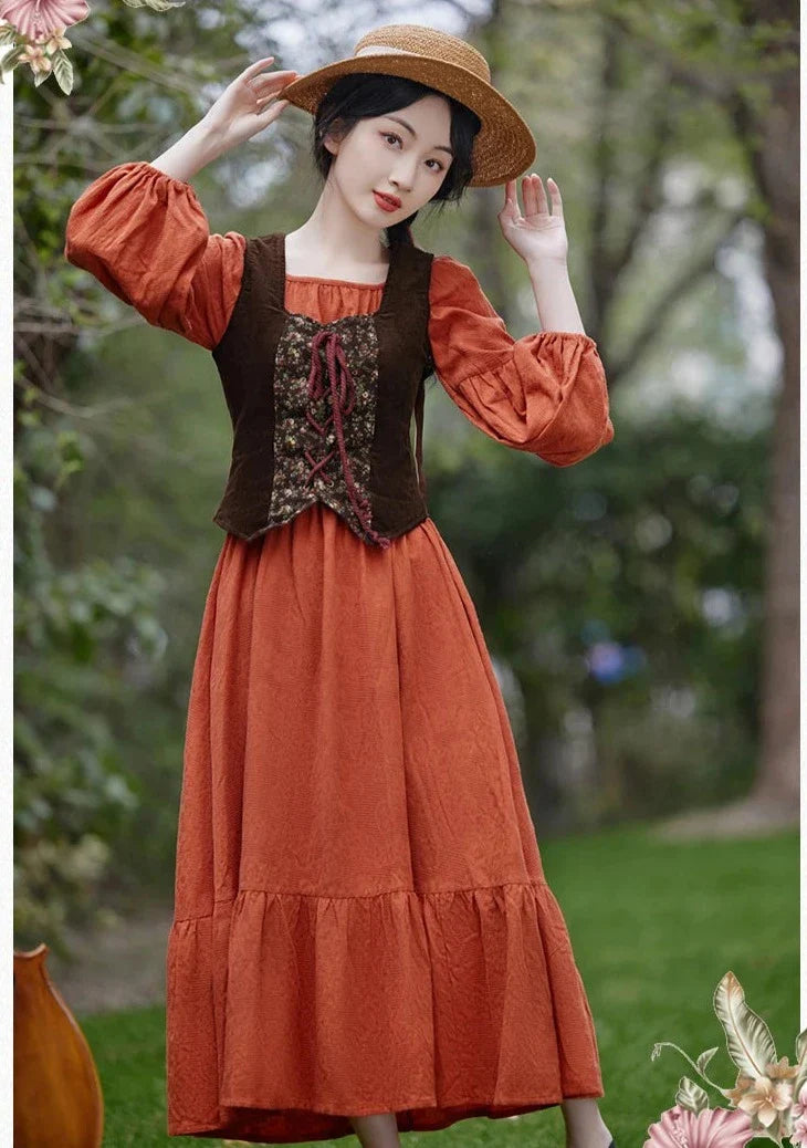 Your Muse 2-Piece Cotton Cottagecore Dress+Vest