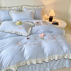 3/4Pcs Korean Princess Style Washed Cotton Three-Dimensional Flower Embroidery Lace Pink Beddings Sets Full Ruffle Duvet Cover