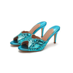 Sexy Beaded Open Toe Slippers with Sparkling Sequins and Slim Heel
