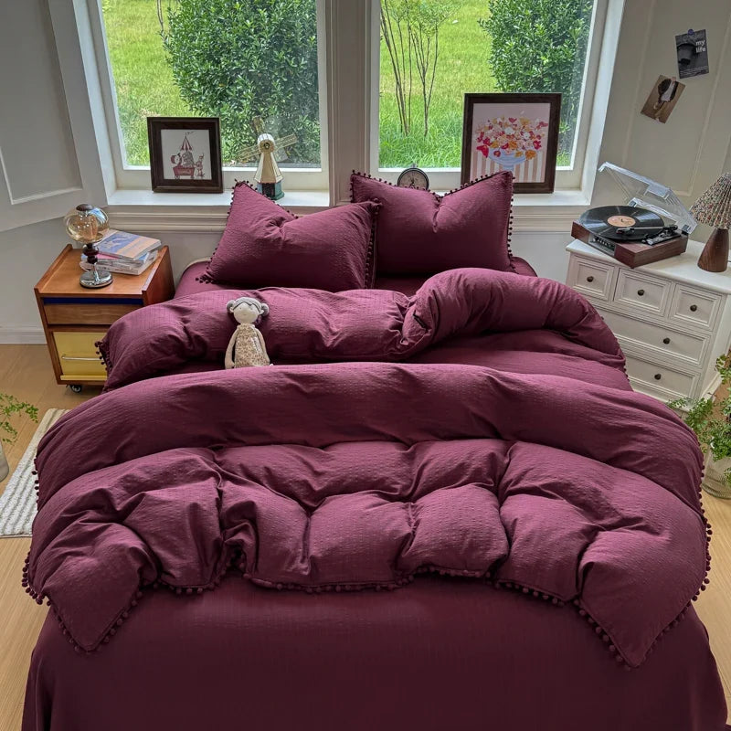 3/4Pcs Solid Color Round Ruffle Bedding Set