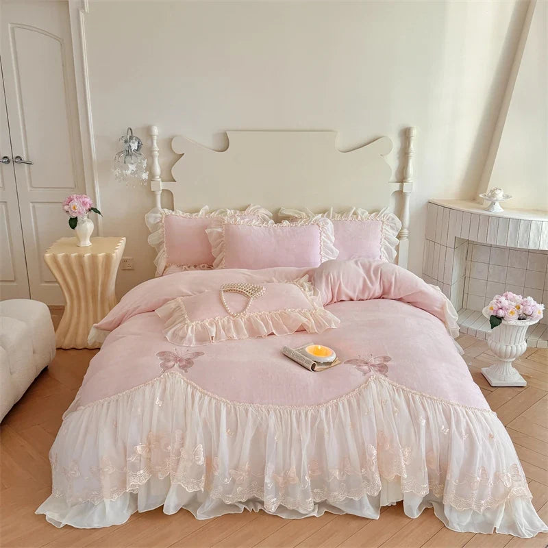 Butterfly Embroidery Lace Ruffles Princess Bedding Set