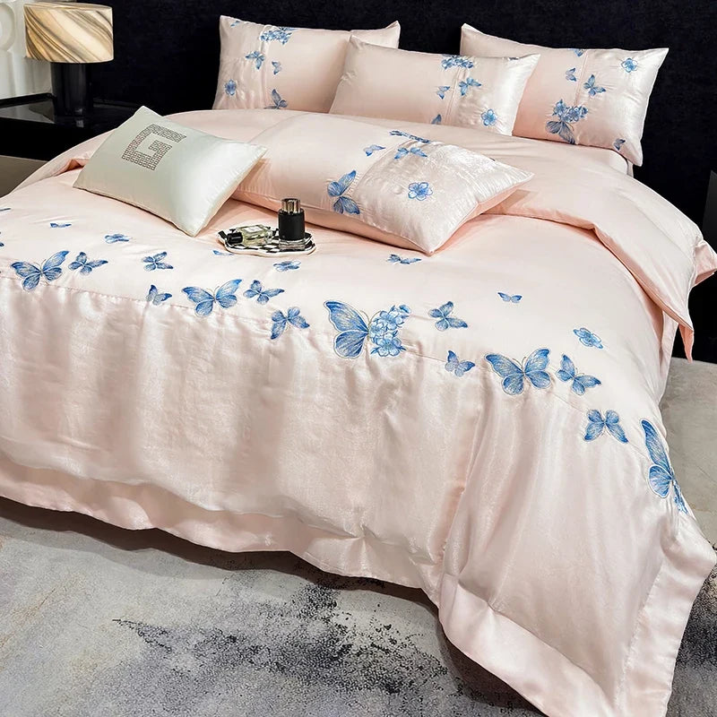 100% Egyptian Cotton Lace Butterfly Embroidery Luxury Bedding Set