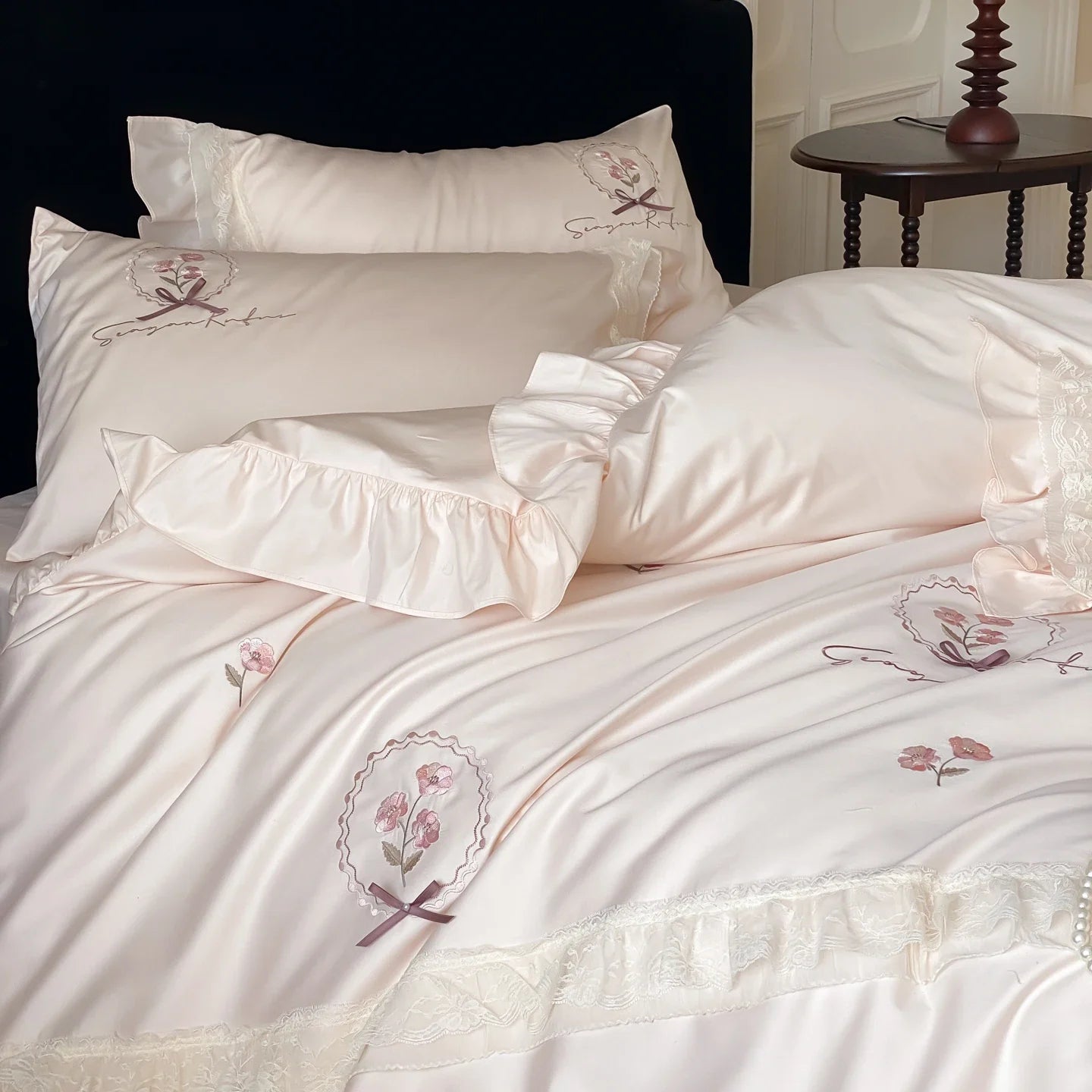 Pink Flowers Embroidery Lace Ruffles Bedding Set