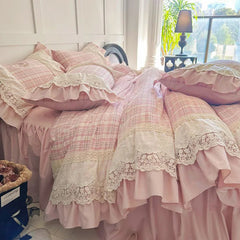 Vintage French Plaid Lace Ruffles 100% Cotton Bedding Set