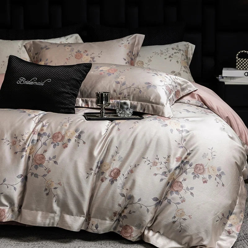 600TC Lyocell Cotton Flowers Jacquard Soft Silky Bedding Set