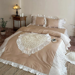 Raised Rose Embroidery Lace Ruffle Princess Bedding Set