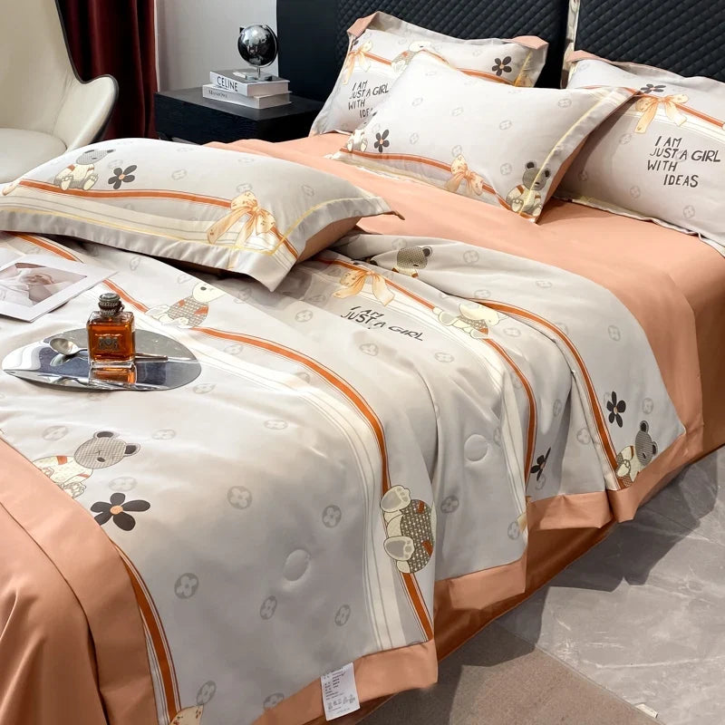 Summer Printed Quilt Set with Pillowcase Washed Cotton Bedding Set