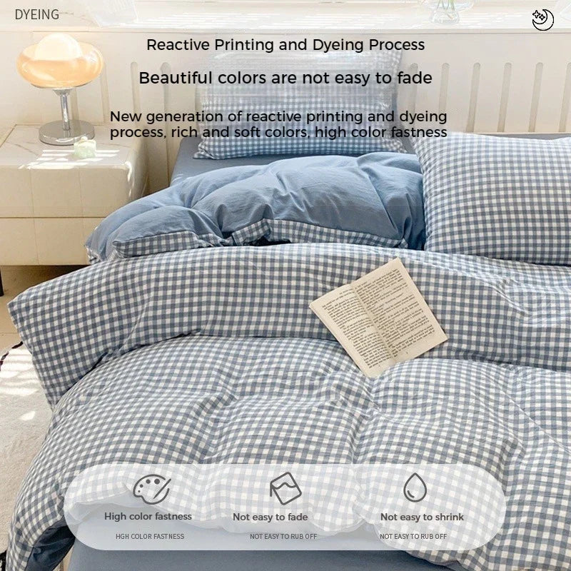 3/4 Pcs Blue Checkered Bedding Set