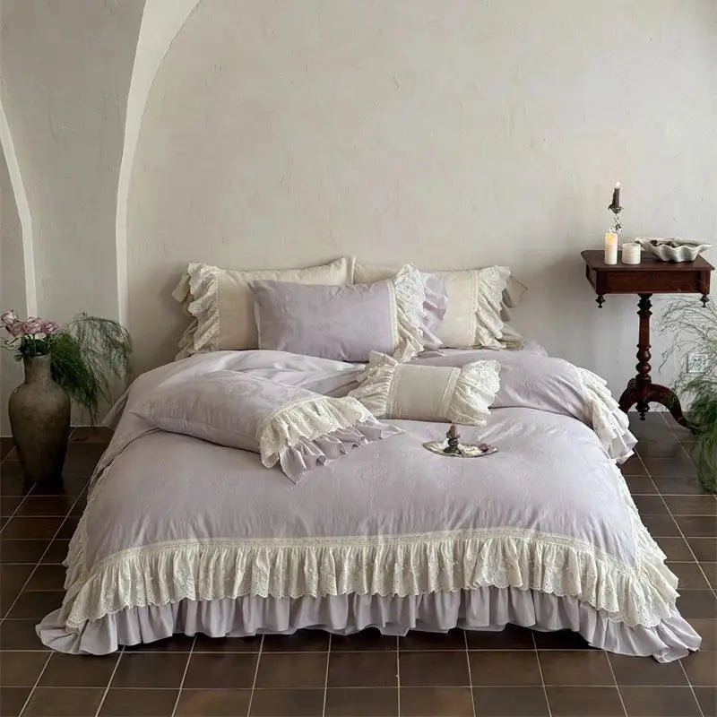 Vintage Jacquard Double Layer Butterfly Lace Ruffles Bedding Set