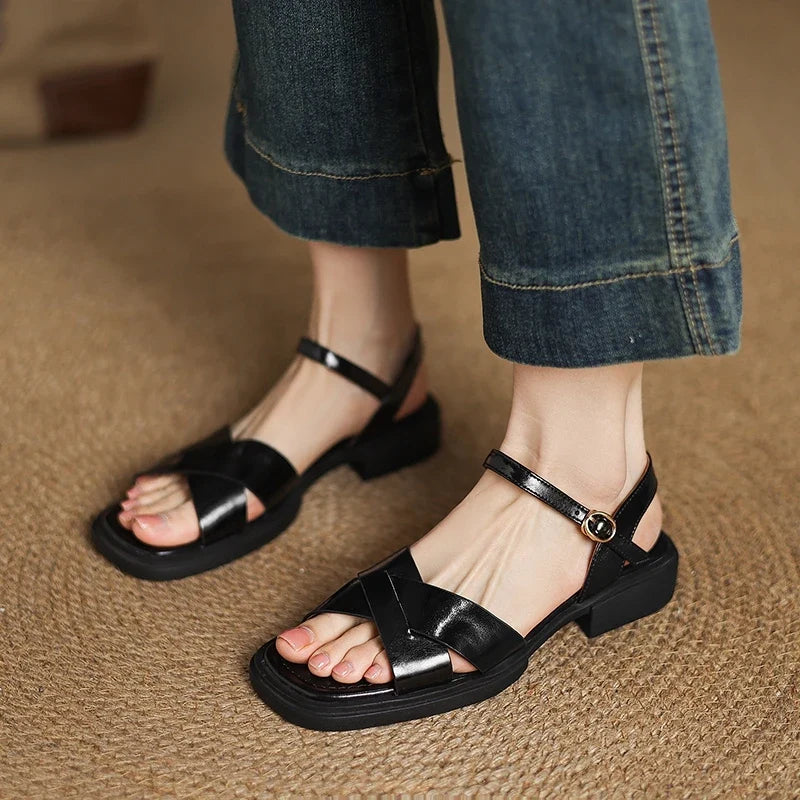 Leather Cowhide Elastic Belt Buckle Low Heel