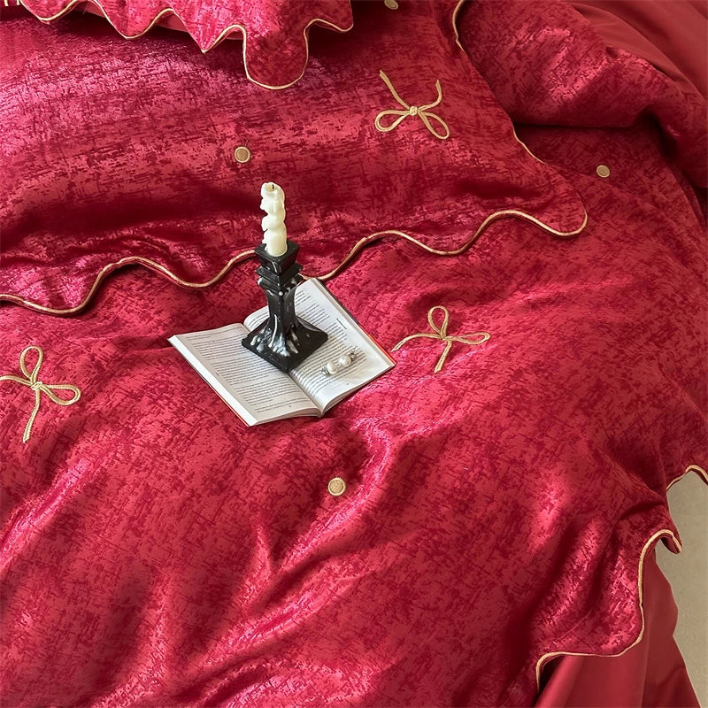 Gold Bow Embroidery Luxury Wedding Bedding Set