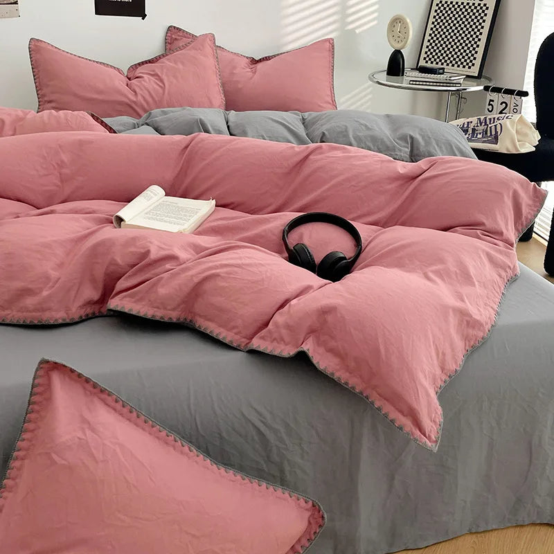 Solid Color Soft Duvet Cover Set Skin Friendly Washable Cotton Queen Bedding Set