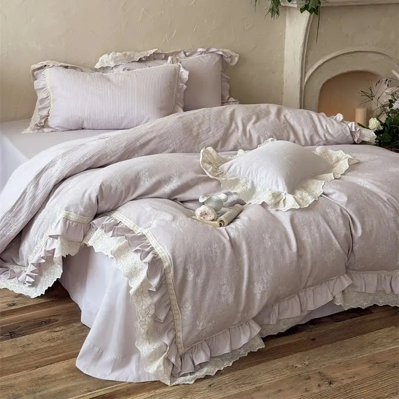 Vintage French Double Layer Lace Ruffles Linen Cotton Jacquard Bedding Set