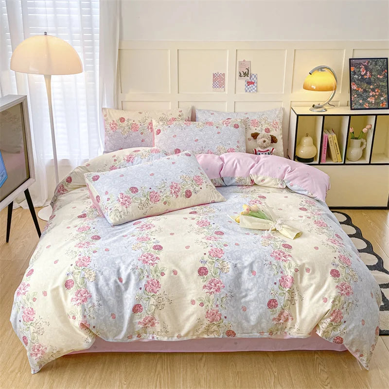 Heart Pattern 100% Cotton Duvet Cover Set with Flat Sheet or Fitted Sheet 3/4 Pcs Soft Breathable Queen King Size Bedding Set