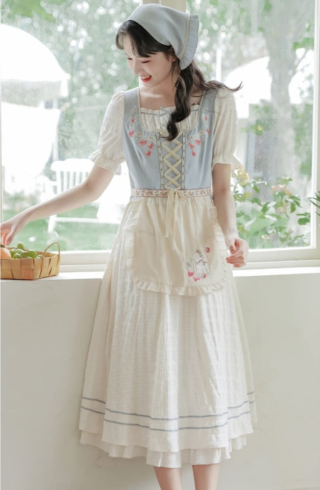 Strawberry Garden 3-Piece Set Cottagecore Dress with Head Scarf