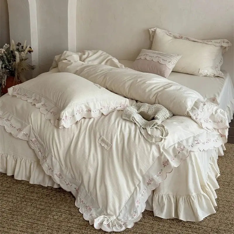 Vintage French Lace Flowers Embroidery Natural Cotton Linen Princess Bedding Set