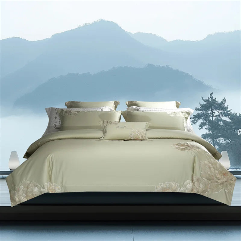 1000TC Egyptian Cotton Chinese Style Flowers Embroidery Luxury Bedding Set