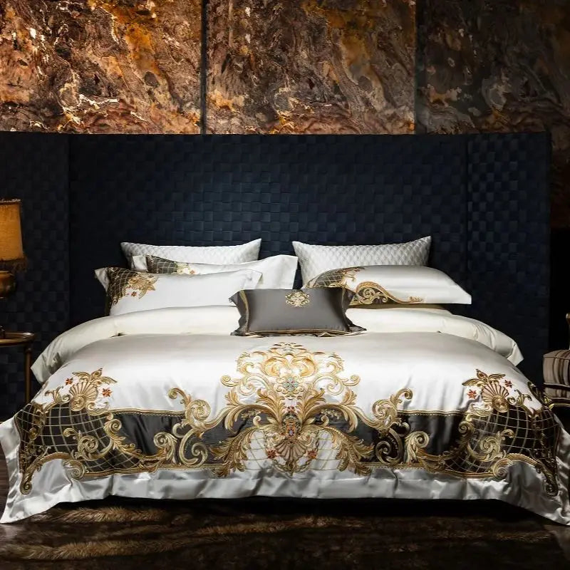 4/6/7Pcs European Luxury Gold Embroidery Satin 1000TC Egyptian Cotton Bedding Set
