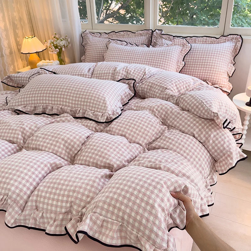 Heart Print Duvet Cover Set Princess Style Lace Ruffles Bedding Set